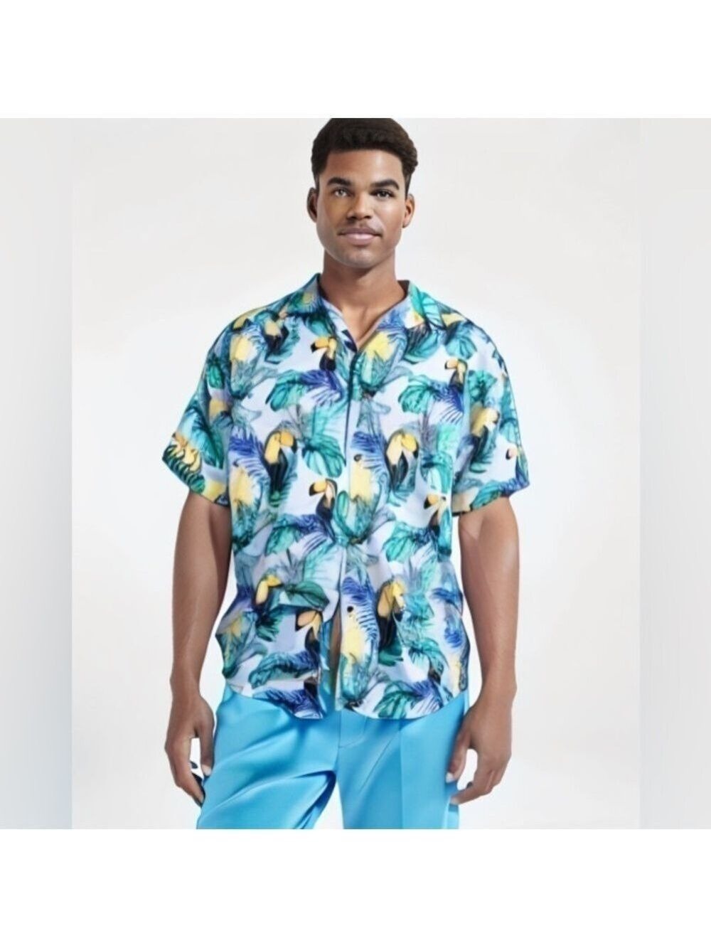 Caribbean Joe Big & Tall Silk Blend Hawaiian Tropical Toucan Parrot Bird Shirt